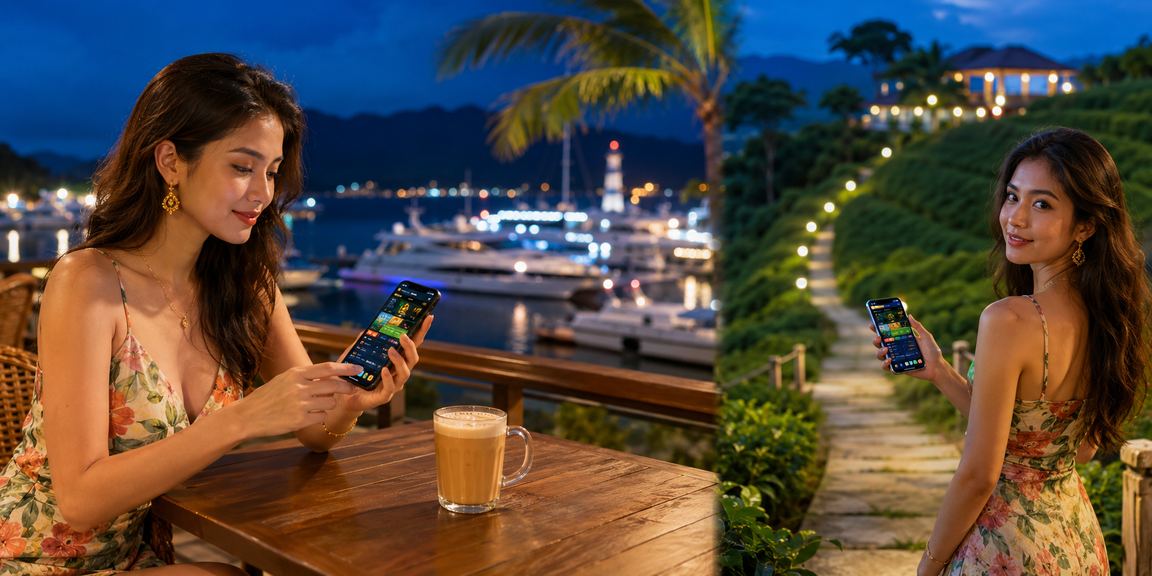 Pemandangan lounge kasino Langkawi di suasana malam terang dengan lampu neon